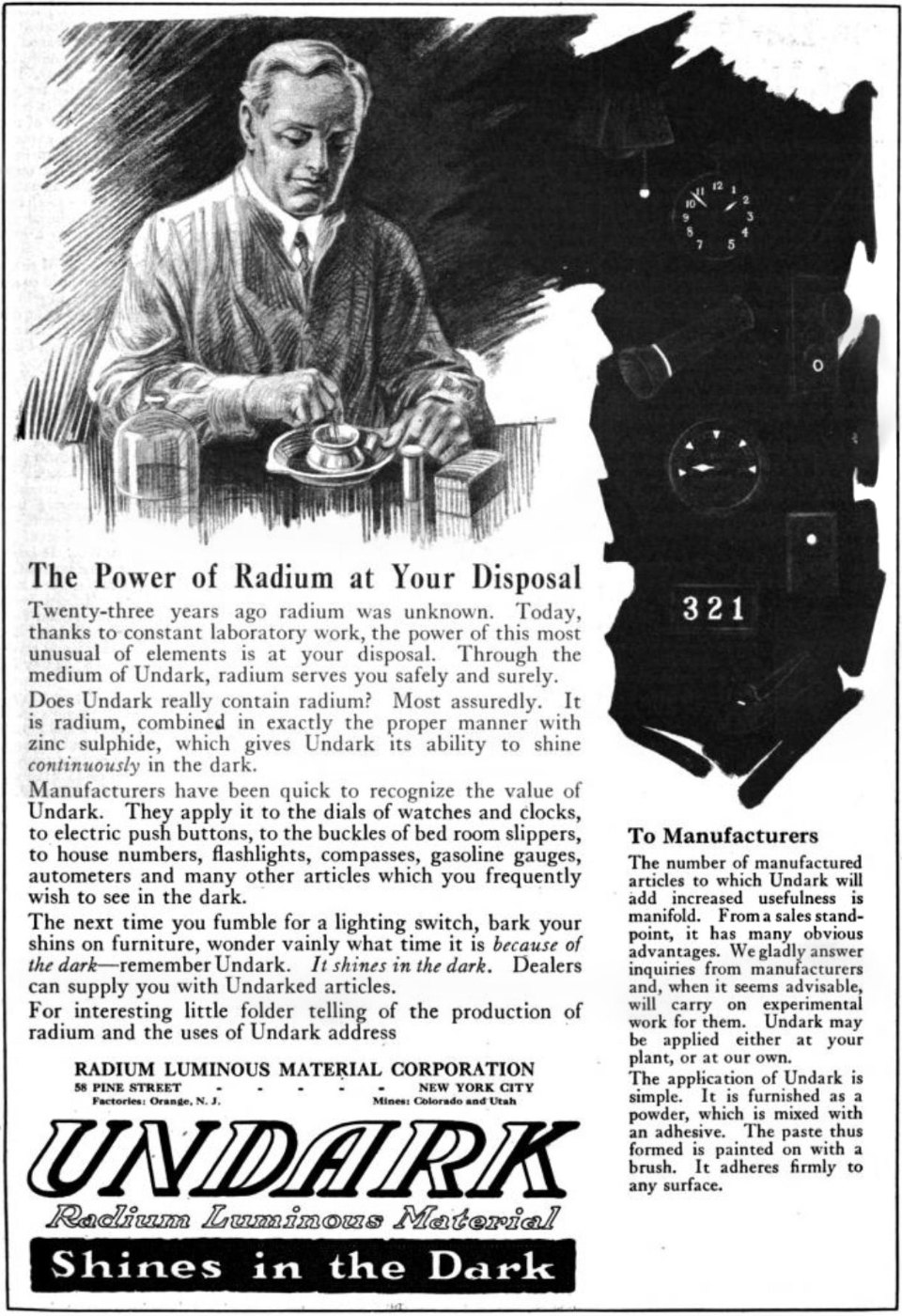 Pubblicità del 1921 della vernice luminosa al radio Undark